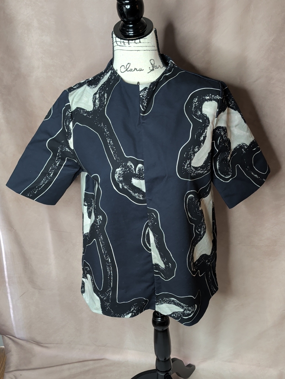 COS Navy/Grey/White Marble Print Short Sleeve Cotton Blend Blouse Size 12